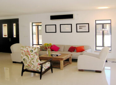 הסלון: שני חלונות גבוהים משני צידי הספה. צבעים בהירים, עליזים, ריצוף בהיר ומבריק מעט