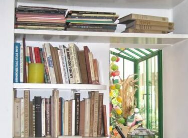 חלון אקווריום (ירוק!) משתלב בתוך הנישה של מדפי הספרים.