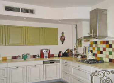 מבט על המטבח. ארונות תחתונים בהירים, ארונות עליונים ירוקים, וחיפוי קיר צבעוני מאוד.