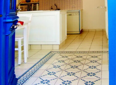 בחרנו באריחי רצפה לבנים, גסים במתכוון. עליהם הדפסנו שטיח בגווני כחול.