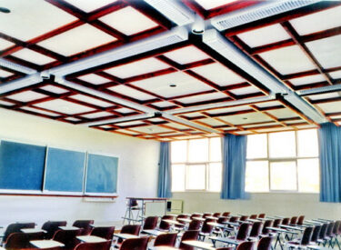 אולם הרצאות בשנקר. התקרה מכילה תאורה ומשמשת כאלמנט אקוסטי .