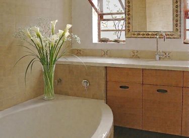 the bathroom: warm materials and Belgian iron profile windows